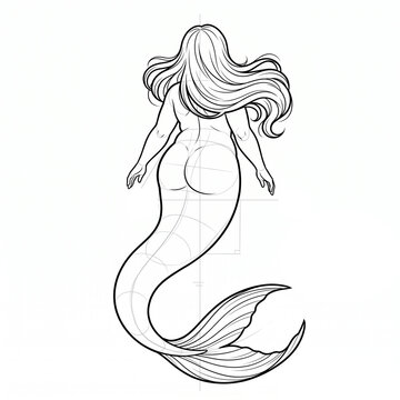 Hand drawn technical line art of a plus size curvy mermaid swimming away back view.