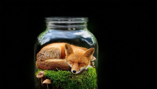 sleeping fox curled in glass jar with mushrooms and moss on black