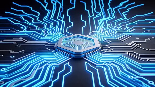 Circuit board with glowing blue lines