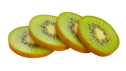 Fototapeta premium Fresh Green Kiwi Fruit Slices with Brown Skin and Black Seeds