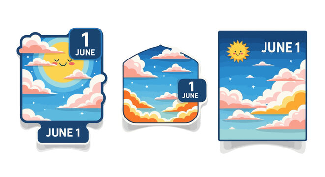 Three Illustrated June 1st Calendar Designs with Clouds and Sun.