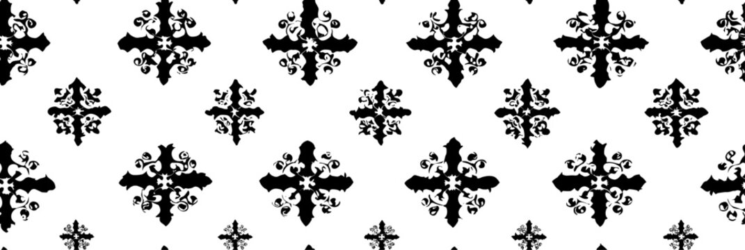 Occitan cross ornamental seamless pattern black white. Occitan cross elements creating a repeating black and white decorative pattern