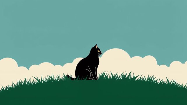 Minimalist illustration of a black cat sitting on a grassy hill
