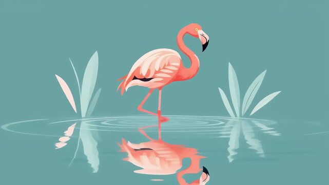 Serene Illustration of a Pink Flamingo Standing in Calm Water