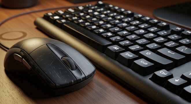 Close up of computer keyboard and mouse on wooden desk