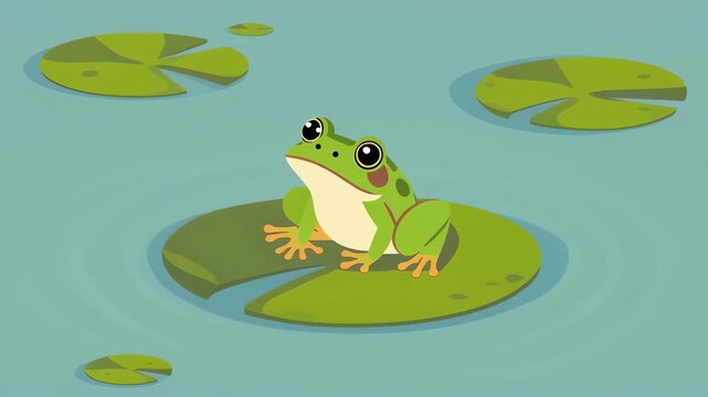 Cute Cartoon Frog Sitting on Lily Pad in Pond Animation