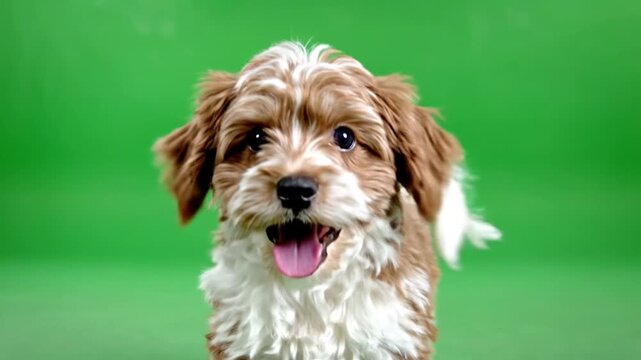 Cute dog with brown and white fur standing in front of a green screen background