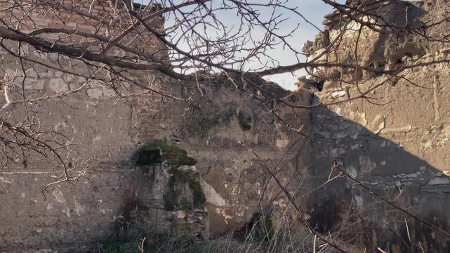 Slow motion left pan at 24fps inside a ruined abandoned house in Caudilla, Toledo, Spain, showing brick, adobe and stone walls with trees growing inside the structure.