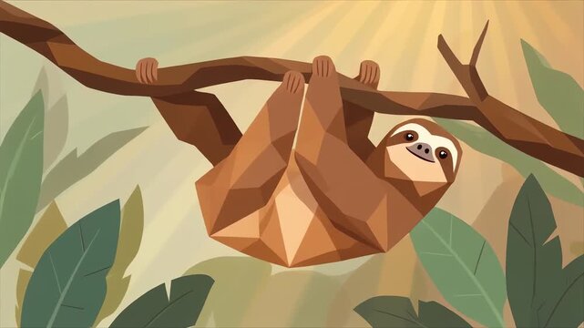 Low poly sloth hanging on a tree branch in a sunlit jungle