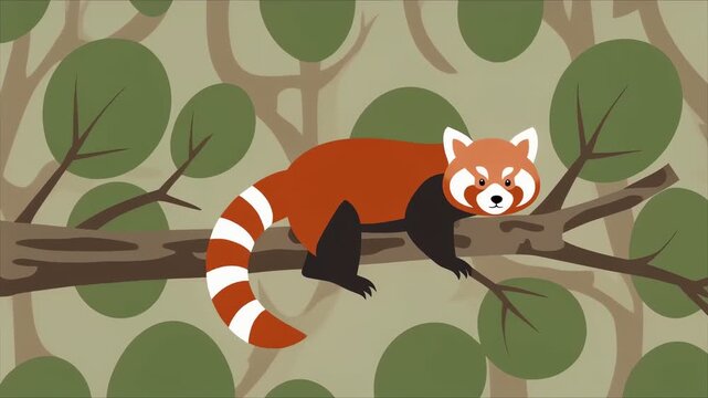 Animated Red Panda Standing on a Tree Branch in a Forest