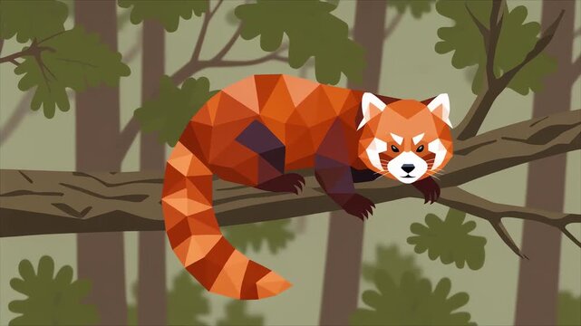 Low poly red panda sitting on a tree branch in the forest