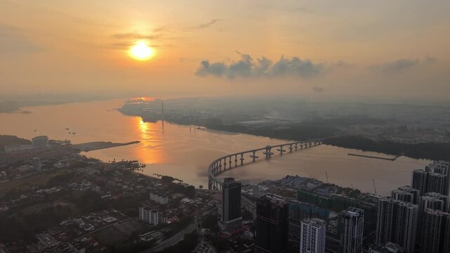 Aerial Drone Sunrise Over Johor Bahru Singapore Rapid Transit Bridge