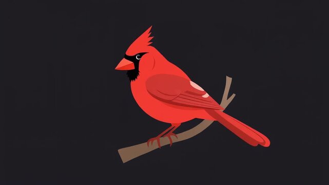Red Cardinal Bird Animation Perched on a Branch on Black Background