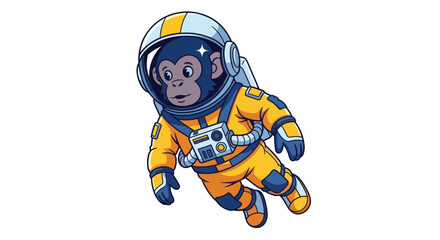 Cute Monkey Astronaut Floating in Space Wearing Yellow Suit and Helmet © Duren