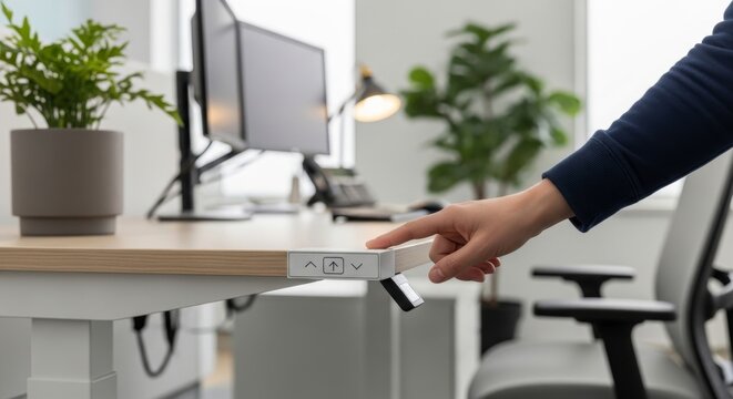 Hand Adjusting Standing Desk Height in Modern Office