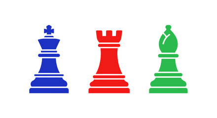 Three colorful chess pieces including a king, queen, and rook are displayed on a white background. © Sheraz