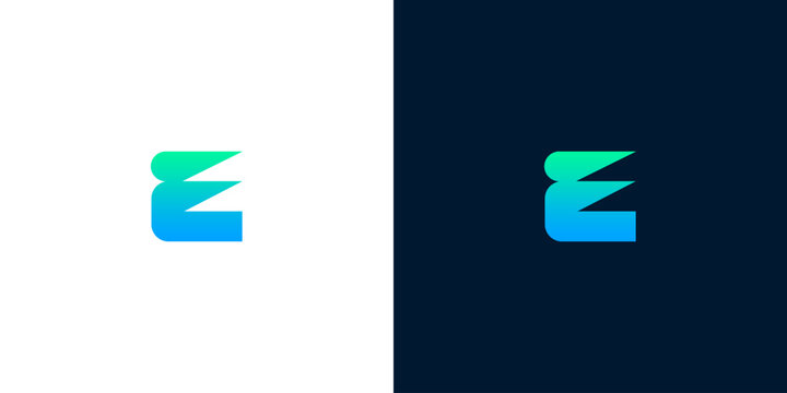Modern and elegant letter E logo design with gradient color on white and dark backgrounds