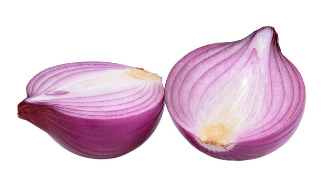 Sliced purple onion halves with visible layers and root end