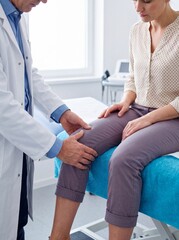 Obraz premium Doctor examining patient's knee during medical consultation in clinic