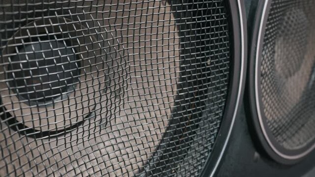An audio speaker cone rests behind a protective black metal mesh grill. Shallow depth of field highlights the textured grid pattern. The detailed view showcases essential music studio equipment.