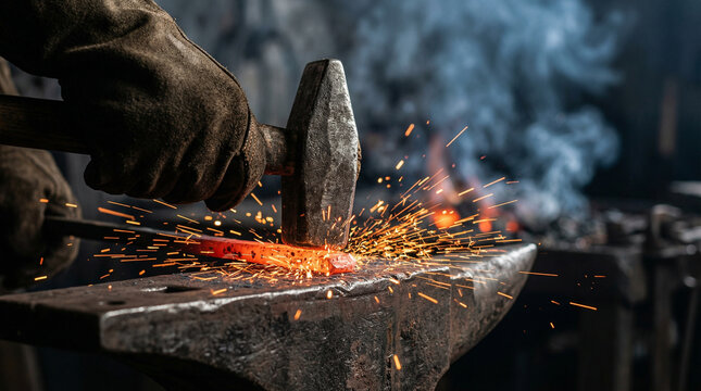 Blacksmith forging glowing metal on anvil with hammer in workshop