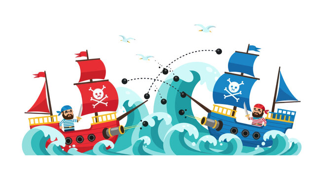 Pirate Ship Battle on Rough Seas with Cannonballs Flying
