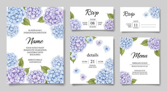 Floral Wedding Invitation Suite with Hydrangeas and RSVP, Menu Cards