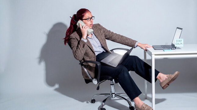 Overwhelmed employee balancing phone communication and laptop task under pressure