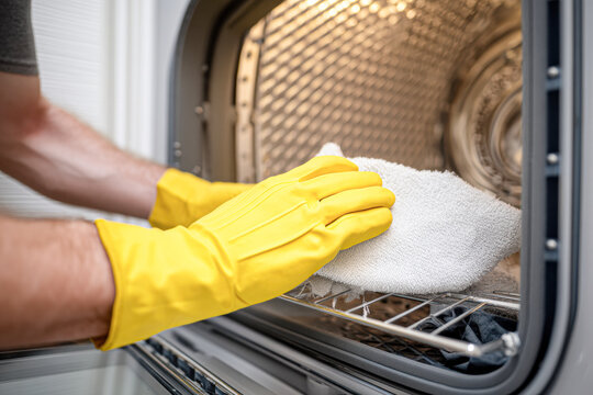 A person wearing yellow gloves cleans an oven rack with a white cloth.
