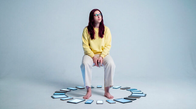 Contemplative person practicing digital detox while sitting among mobile phone devices