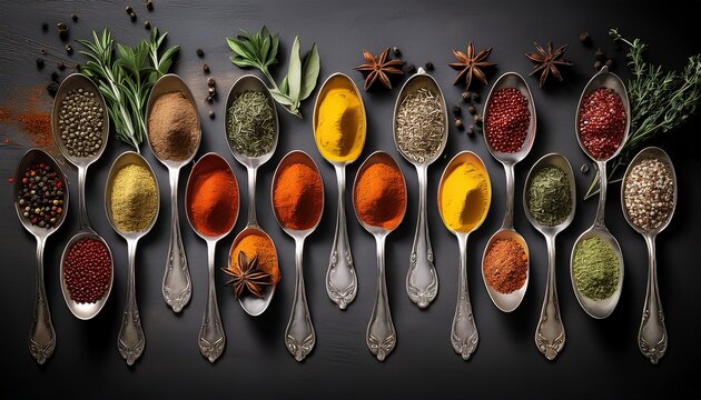 a captivating flat lay showcases an array of vibrant spices and herbs in antique silver spoons creating a visually stunning culinary scene