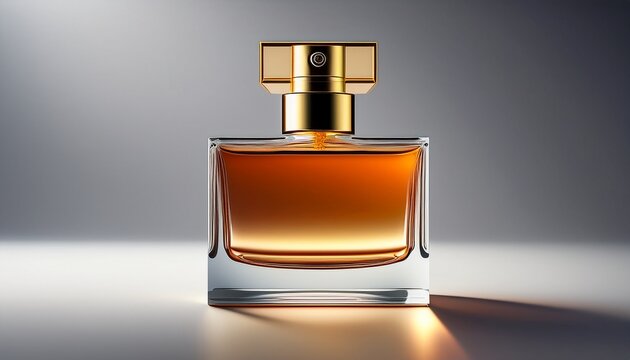 a rectangular glass perfume bottle with a gold cap and sprayer showcasing a blank label the ambercolored fragrance is visible minimalist design on a grey background