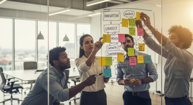 Diverse team brainstorms strategy on glass wall with sticky notes