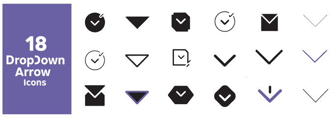 Fototapeta premium Set of 18 modern flat design dropdown arrow icons for user interface elements.