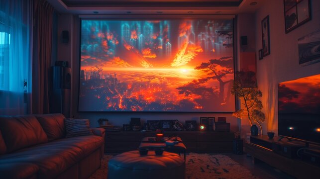 A home theater with a large projector screen displaying a vibrant sunset landscape, creating a cozy and immersive atmosphere.