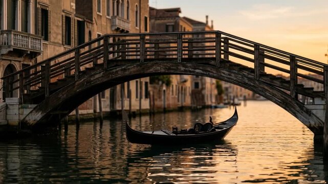 venice gondola boat, golden hour below an old bridge