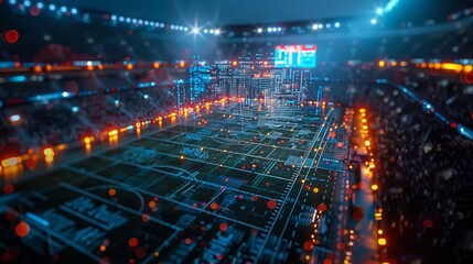 Obraz premium A futuristic stadium with holographic displays showing replays and analysis during a sporting event.