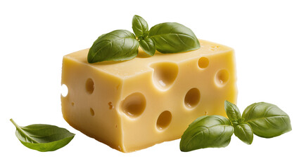 Large Swiss Cheese Block Topped with Fresh Green Basil Leaves © Maros