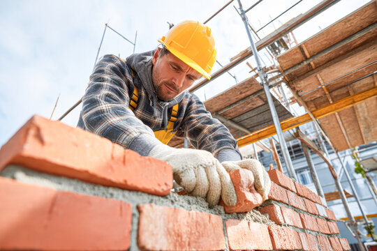 A construction worker in a hard hat and gloves carefully lays bricks on a building site under scaffolding.