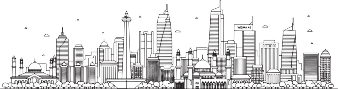 Jakarta Indonesia City Skyline Outline Vector Illustration with Landmarks 
