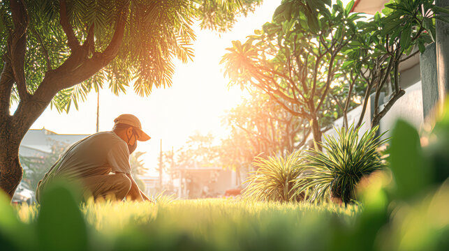 A person tending a garden at sunrise, surrounded by lush green plants and trees in a peaceful outdoor setting.