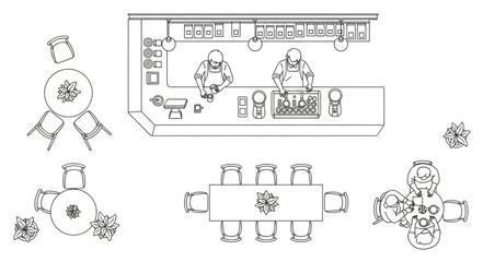 Architectural drawing of a restaurant floor plan with seating arrangements. © reno