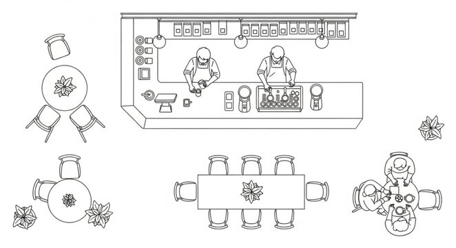 Architectural drawing of a restaurant floor plan with seating arrangements.