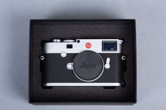 Gothenburg, Sweden - June 19 2019: Leica rangefinder camera displayed in protective box.