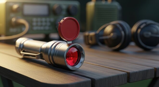 Tactical flashlight with red lens and vintage radio on wooden table. Flashlight features ergonomic design and high-quality materials, alongside retro radio and headphones.