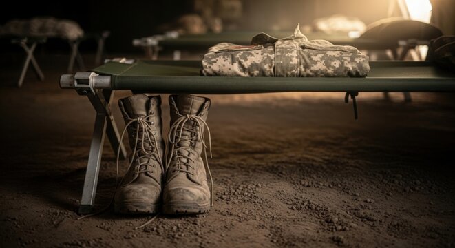 Military boots and camouflage uniform on cot in army barrack environment. A pair of military boots is placed beside a neatly folded camouflage uniform on a cot in dusty conditions.