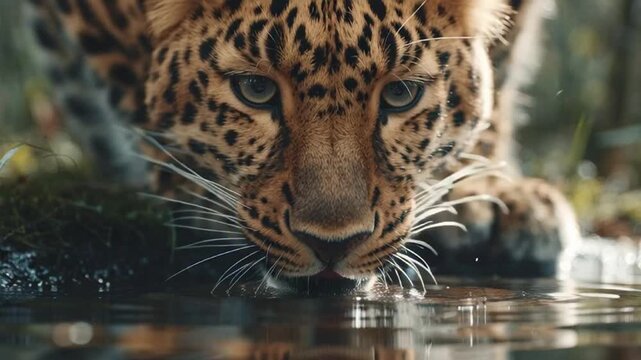 Leopard drinking from a river