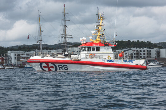 Lindesnes, Norway - August 08 2021: Rescue service vessel cruising coastal waters during event.