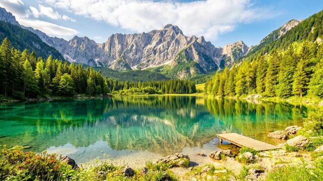 peaceful morning at lago di fusine with mangart peak julian alps italy timelapse