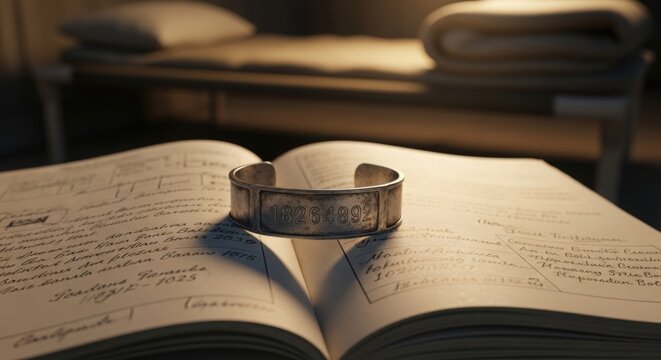 Silver bracelet resting on open notebook with handwritten notes, symbolizing personal memories and reflections. The silver bracelet adds a sentimental touch,